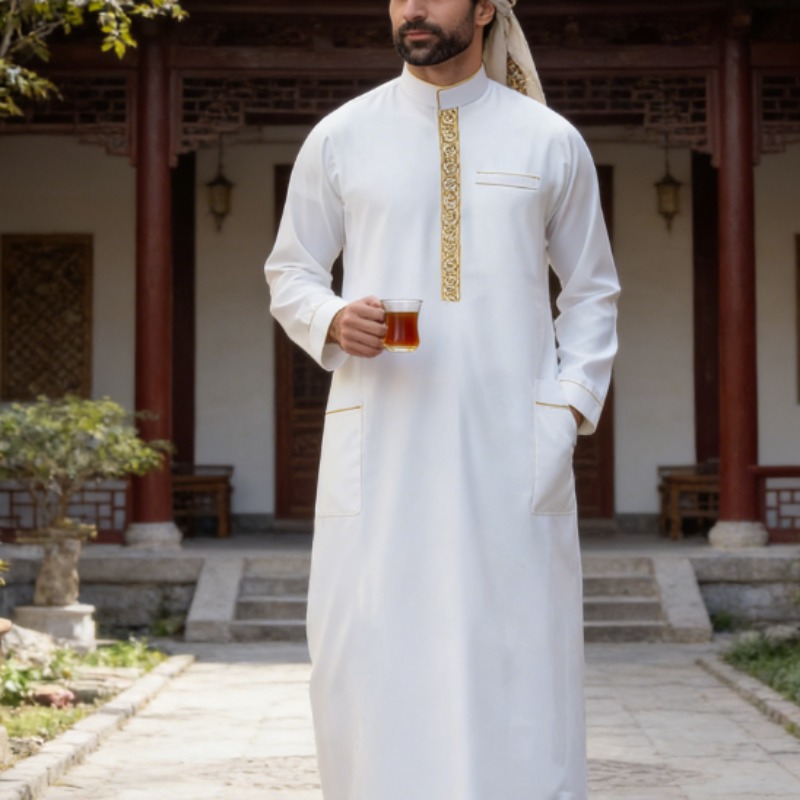 Arabic Formal Wear Men - Thobe Masculino Árabe Bordado de Manga