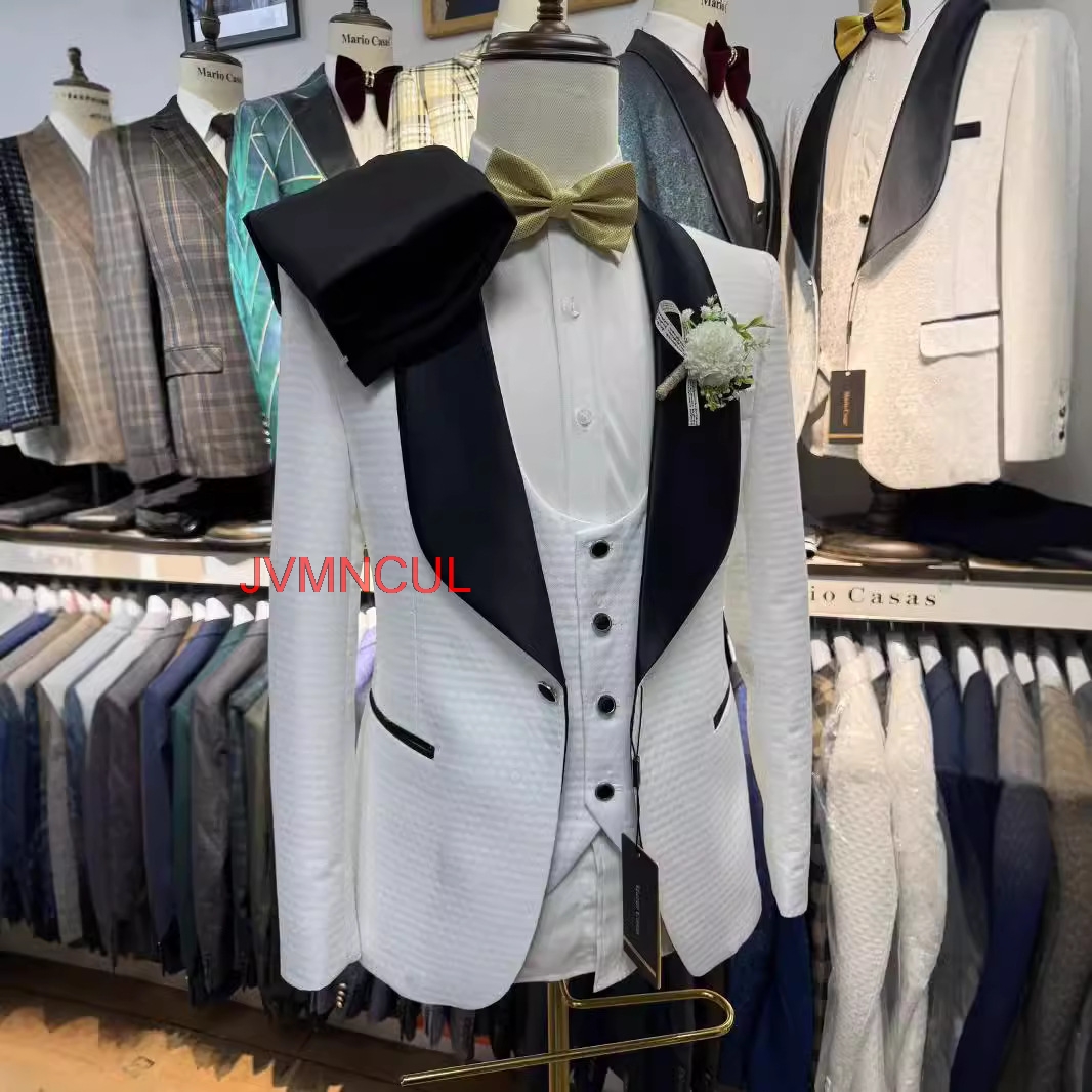 Men'S Formal Wear For Reception - Terno Masculino Branco Jacquard 3 Peças